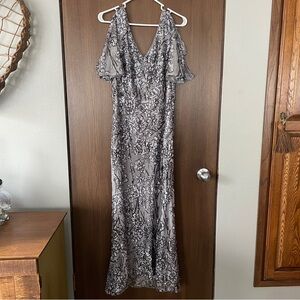 Flutter Sleeve Gray & Silver Gown with Floral Details & Sequins